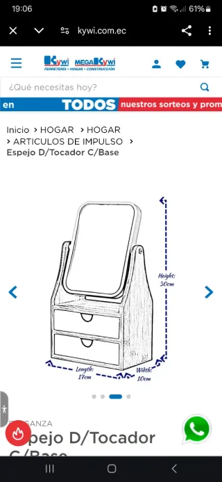 Tocador Espejo Madera con 2 Cajones 17x30x10
