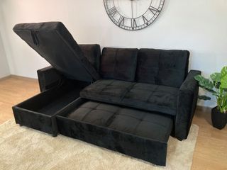 Sofá cama de terciopelo negro 215 cm - Cofre y cama doble