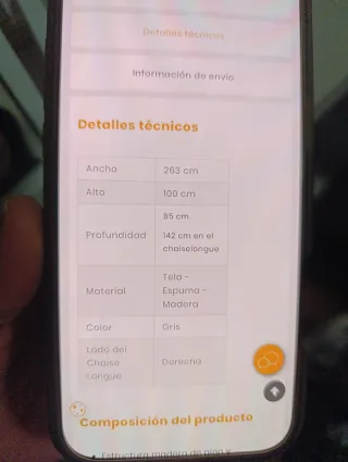 Sofá Cheslong Grande Gris