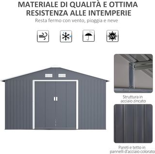 Casita De Jardín 12.4M² de Acero Galvanizado Con Salidas de Aire, Cobertizo de Jardín Con Techo Inclinado, Doble Puertas Correderas Bloqueables, Cobertizo para Herramientas, 340X386X200 Cm, Gris