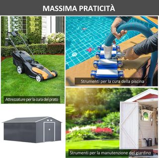 Casita De Jardín 12.4M² de Acero Galvanizado Con Salidas de Aire, Cobertizo de Jardín Con Techo Inclinado, Doble Puertas Correderas Bloqueables, Cobertizo para Herramientas, 340X386X200 Cm, Gris