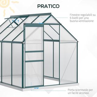 Invernadero de Jardín en Policarbonato 190X253X199Cm, Con Ventana Abatible y Puerta Corredera, Estructura de Aluminio, Verde