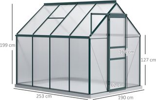 Invernadero de Jardín en Policarbonato 190X253X199Cm, Con Ventana Abatible y Puerta Corredera, Estructura de Aluminio, Verde