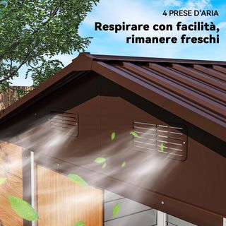 Caseta De Jardín 4.07M² en Acero Galvanizado Con Orificios de Drenaje y Ventilación, Cobertizo para Herramientas Con Techo Inclinado, Doble Puertas Correderas Bloqueables, Diseño Efecto Madera, Marrón