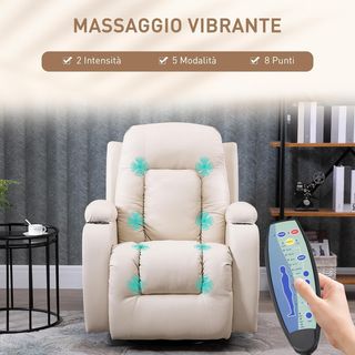 Sillón Masajeador Reclinable Manual, Sillón Relax Eléctrico Calentador Giratorio Con Balanceo, Portavasos, Control Remoto, Reposapiés, Bolsillos Laterales, en Piel PU, Crema