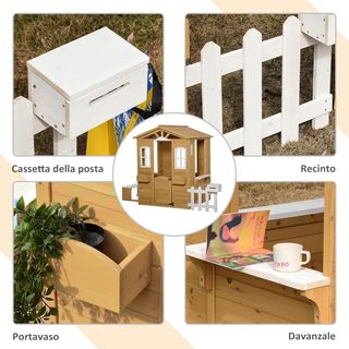 Casita para Niños de Madera, Juegos de Jardín para Niños con Ventanas, Cercado, Maceteros y Banco, 205X119X140 Cm, Madera Natural y Blanca