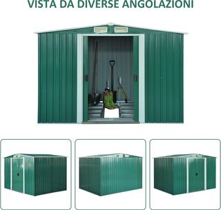 Caseta De Jardín Para Utensilios De Hoja De Acero, Cobertizo De Jardín De Acero Con Base Y Puertas Correderas, 258X206X178Cm, Verde