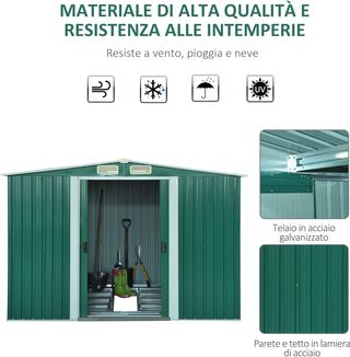 Caseta De Jardín Para Utensilios De Hoja De Acero, Cobertizo De Jardín De Acero Con Base Y Puertas Correderas, 258X206X178Cm, Verde