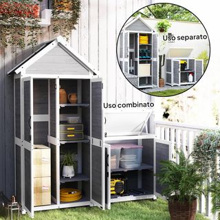 Cobertizo Porta Herramientas De Jardín 0.32M² en Madera de Abeto, Caseta de Herramientas de Jardín con Armario, Estantes Regulables, Base Elevada y Techo Abierto Impermeable, Gris Claro