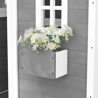 Casita para Niños de 3-8 Años Con 6 Ventanas y Jardín, Casita de Juego de Madera de Abeto, 104.5X110X137 Cm, Gris