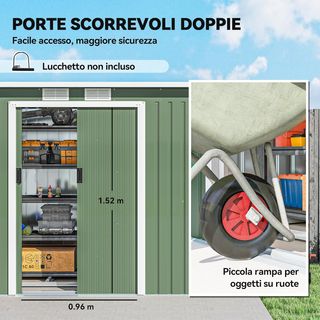 Caseta De Jardín 3.2M² en Acero Galvanizado Con Kit de Fundación, Salidas de Aire, Cobertizo para Herramientas Con Techo Inclinado, Doble Puerta Corredera Bloqueable, Verde Claro