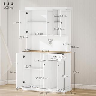 Credenza de Cocina Alta Con Armarios, Cajón Y Encimera Para Microondas, Mueble Despensa Estrecho Con Puertas Y Estantes Regulables, para Sala De Estar, Comedor, 101X39X180Cm, Blanco