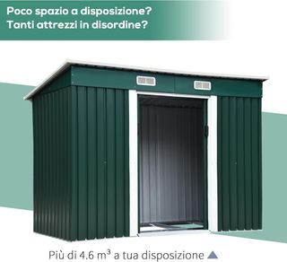 Caseta de Jardín 2.9M² en Chapa de Acero, Cobertizo para Herramientas de Jardín con Base, Ventilación y 2 Puertas Correderas, 261X131X182 Cm, Verde