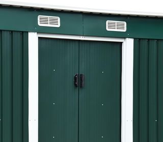 Caseta de Jardín 2.9M² en Chapa de Acero, Cobertizo para Herramientas de Jardín con Base, Ventilación y 2 Puertas Correderas, 261X131X182 Cm, Verde