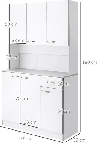 Credenza de Cocina Con Armarios, Cajón Y Superficie Para Microondas, Mueble Alacena Estrecho Con Puertas Y Estantes Regulables, Mueble De Cocina Para Sala De Estar, Comedor, 101X39X180 Cm, Blanco