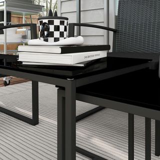 Conjunto De Jardín 5 Piezas Con 2 Sillas, Sofá Y 2 Mesas, Muebles De Jardín Con Asientos Y Cojines Y Mesa De Cristal, Negro