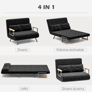 Sofá Cama de 2 Plazas con Respaldo Regulable en 5 Niveles, Sofá Cama Matrimonial Plegable con 2 Cojines para Sala de Estar, en Tejido Acolchado, Acero y Madera, 102X73X81 Cm, Negro
