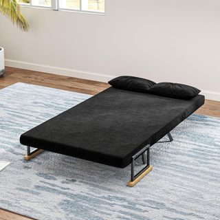 Sofá Cama de 2 Plazas con Respaldo Regulable en 5 Niveles, Sofá Cama Matrimonial Plegable con 2 Cojines para Sala de Estar, en Tejido Acolchado, Acero y Madera, 102X73X81 Cm, Negro