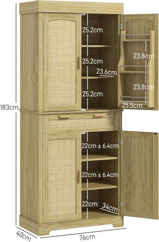 Credenza de Cocina Alta en Estilo Boho Con 2 Armarios Y Un Cajón, Mueble de Cocina Con Portaspecias en Madera Y Ratán, 76X40X183Cm, Roble