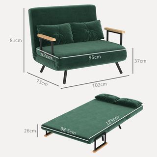 Sofá Cama de 2 Plazas con Respaldo Regulable en 5 Niveles, Sofá Cama Matrimonial Plegable con 2 Cojines para Sala de Estar, en Tejido Acolchado, Acero y Madera, 102X73X81 Cm, Verde