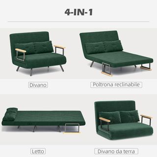 Sofá Cama de 2 Plazas con Respaldo Regulable en 5 Niveles, Sofá Cama Matrimonial Plegable con 2 Cojines para Sala de Estar, en Tejido Acolchado, Acero y Madera, 102X73X81 Cm, Verde