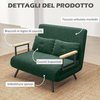 Sofá Cama de 2 Plazas con Respaldo Regulable en 5 Niveles, Sofá Cama Matrimonial Plegable con 2 Cojines para Sala de Estar, en Tejido Acolchado, Acero y Madera, 102X73X81 Cm, Verde