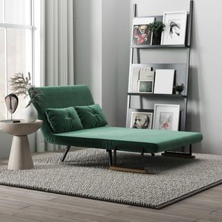 Sofá Cama de 2 Plazas con Respaldo Regulable en 5 Niveles, Sofá Cama Matrimonial Plegable con 2 Cojines para Sala de Estar, en Tejido Acolchado, Acero y Madera, 102X73X81 Cm, Verde