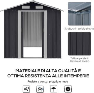 Cobertizo De Jardín 2.6M² en Acero Galvanizado, Caseta Para Herramientas De Jardín Con 4 Salidas De Aire Y Doble Puerta Corredera, 195.5X153X188Cm, Negro