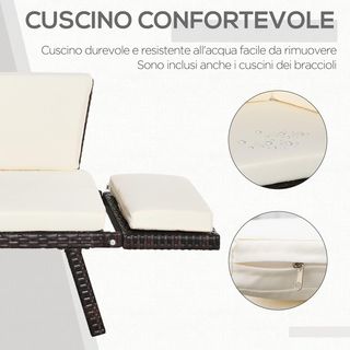 Sofá de 2 Plazas con Brazos Extensibles para Jardín Ratan 129X63X67Cm Blanco, Marrón