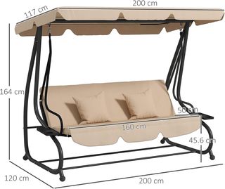 Columpio de Jardín de 3 Plazas Convertible en Cama con Techo Regulable y Portavasos, Columpio de Exterior de Acero y Poliéster, 200X120X164 Cm, Marrón Claro