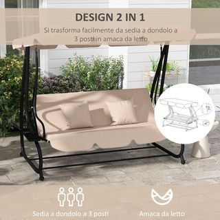 Columpio de Jardín de 3 Plazas Convertible en Cama con Techo Regulable y Portavasos, Columpio de Exterior de Acero y Poliéster, 200X120X164 Cm, Marrón Claro
