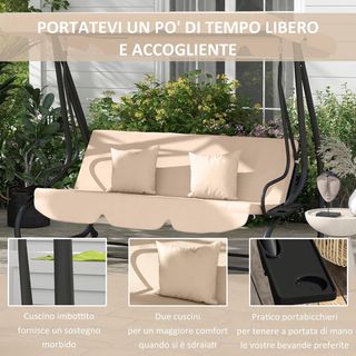 Columpio de Jardín de 3 Plazas Convertible en Cama con Techo Regulable y Portavasos, Columpio de Exterior de Acero y Poliéster, 200X120X164 Cm, Marrón Claro