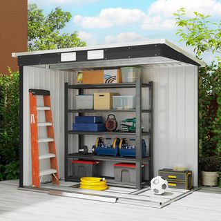 Casita de Jardín 2.42M² en Acero Galvanizado con Kit de Fundación, Salidas de Aire, Cobertizo para Herramientas con Doble Puerta Corredera Bloqueable, Techo Inclinado, 213X130X172 Cm, Gris Oscuro