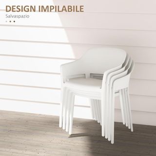 Juego De 4 Sillas De Jardín De Plástico, Sillas Apilables Con Brazos Y Respaldo Alto En PP, Blanco