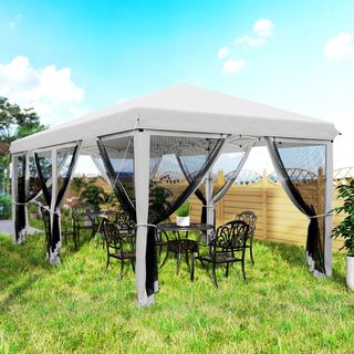 Gazebo Plegable 6X3 Pop up Con 6 Mosquiteras Extraíbles, Altura Ajustable Y Bolsa De Transporte, Gazebo De Exterior En Acero Y Tela Oxford, Para Jardín, Fiestas, Camping, Crema