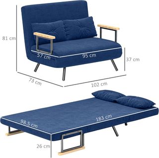 Sofá Cama 4 en 1 de 2 Plazas, Con Respaldo Regulable en 5 Posiciones, Sofá Cama Matrimonial Plegable Con 2 Cojines, Asiento Acolchado, en Terciopelo para Casa y Oficina, 102X73X81 Cm, Azul