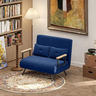 Sofá Cama 4 en 1 de 2 Plazas, Con Respaldo Regulable en 5 Posiciones, Sofá Cama Matrimonial Plegable Con 2 Cojines, Asiento Acolchado, en Terciopelo para Casa y Oficina, 102X73X81 Cm, Azul