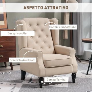 Sillón de Dormitorio Estilo Francés con Amplio Asiento, Silloncito de Dormitorio Acolchado con Brazos e Imbottitura, con Patas de Madera para Sala de Estar y Oficina, Beige