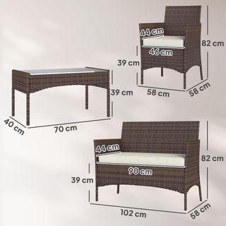 Conjunto de Muebles de Jardín de Rattan 4 Piezas, Salón de Exterior con Sofá de 2 Plazas, 2 Sillones, Mesa de Café con Tapa de Vidrio y Cojines Lavables, Estructura de Acero, Beige y Marrón