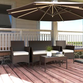 Conjunto de Muebles de Jardín de Rattan 4 Piezas, Salón de Exterior con Sofá de 2 Plazas, 2 Sillones, Mesa de Café con Tapa de Vidrio y Cojines Lavables, Estructura de Acero, Beige y Marrón