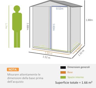 Caseta De Jardín 1.7M² en Acero Galvanizado Con Kit de Fundación, Cobertizo de Jardín para Herramientas Con Techo Inclinado, 4 Salidas de Aire, Puerta Corredera, 152X132X188 Cm, Verde