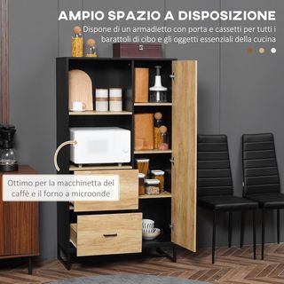 Credenza de Cocina Moderna Con 2 Cajones, 2 Estantes Y Un Armario Con 4 Compartimentos, Mueble Buffet Estilo Industrial Con Base de Acero, 88X35X160 Cm, Negro Y Madera