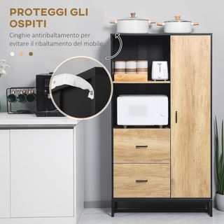 Credenza de Cocina Moderna Con 2 Cajones, 2 Estantes Y Un Armario Con 4 Compartimentos, Mueble Buffet Estilo Industrial Con Base de Acero, 88X35X160 Cm, Negro Y Madera