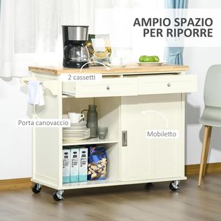Isla de Cocina de Madera y MDF con Cajones, Armario y Porta Toallas, Carro de Cocina con 4 Ruedas para Utensilios, 110X49.5X89.5 Cm, Blanco
