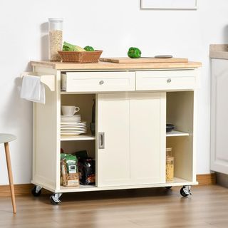 Isla de Cocina de Madera y MDF con Cajones, Armario y Porta Toallas, Carro de Cocina con 4 Ruedas para Utensilios, 110X49.5X89.5 Cm, Blanco