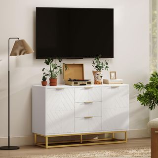 Credenza Moderna Blanca, Credenza Baja Buffet para Cocina o Comedor Con 3 Cajones y 2 Puertas, 120X40X76Cm
