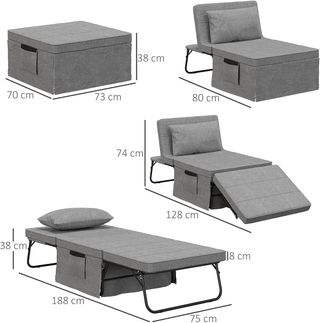 Pouf Cama Plegable Multiusos 4 en 1, Camilla Chaise Longue Ahorradora de Espacio Con Respaldo Reclinable a 5 Niveles, Gris