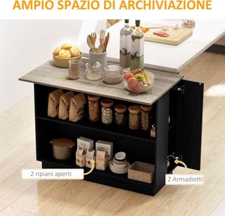 Isla de Cocina Con 2 Estantes Abiertos Y 2 Armarios Con Puertas, Mueble De Cocina en MDF, 105X60X82 Cm, Color Roble Y Negro