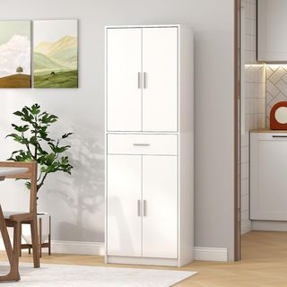 Armario de Cocina en Estilo Moderno con Puertas y Estantes Ajustables y Cajón, Mueble de Almacenamiento para Comedor, Sala de Estar, 60 X 35 X 180 Cm, Blanco
