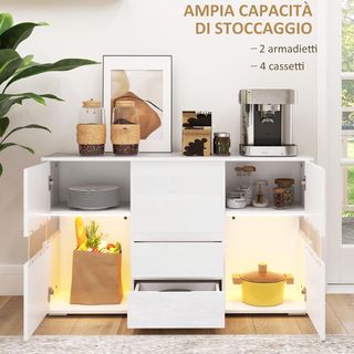 Credenza Moderna Con Luz LED Regulable Con Control Remoto, Mueble De Salón Con 4 Cajones Y 2 Armarios, 120X34X70 Cm, Blanco
